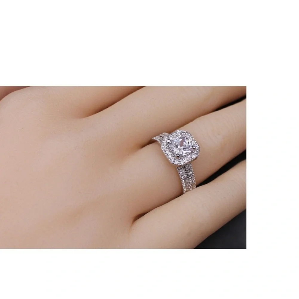 Sterling Silver White Halo Engagement Ring Set with Center Stone